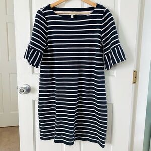 TALBOTS Navy White Striped Cotton Bell Ruffle Sleeve Dress Size M